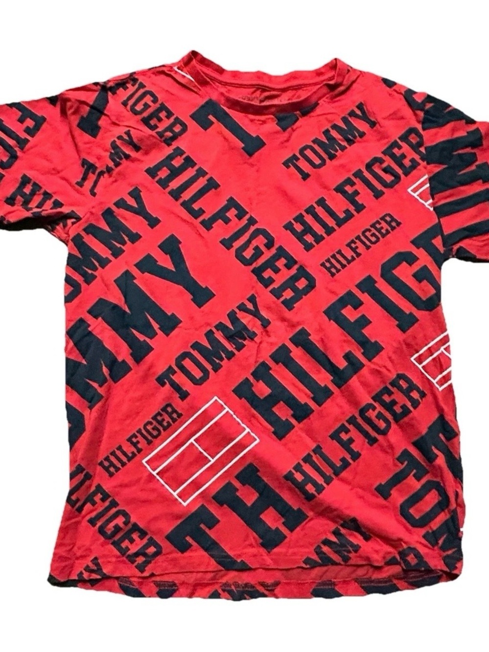 Boys Tommy Hilfiger Red Short Sleeve T Shirt All Over Logo Size Large